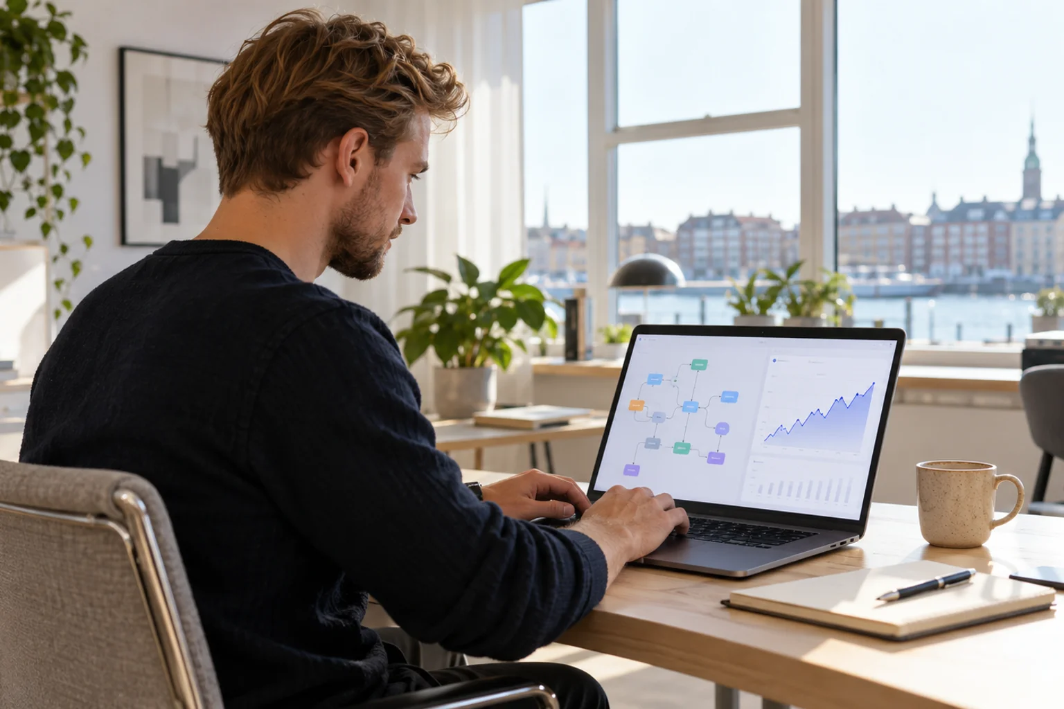 Automatiseret SEO-workflow på skærmen med flowdiagram og søgedata