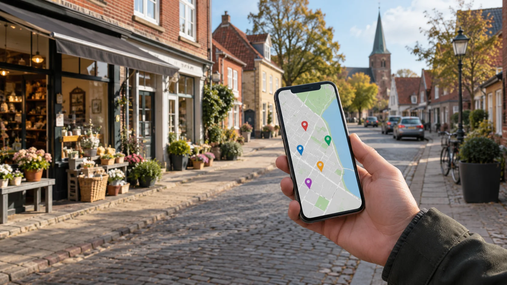 Lokal søgning på kort i mobilen i en dansk handelsgade