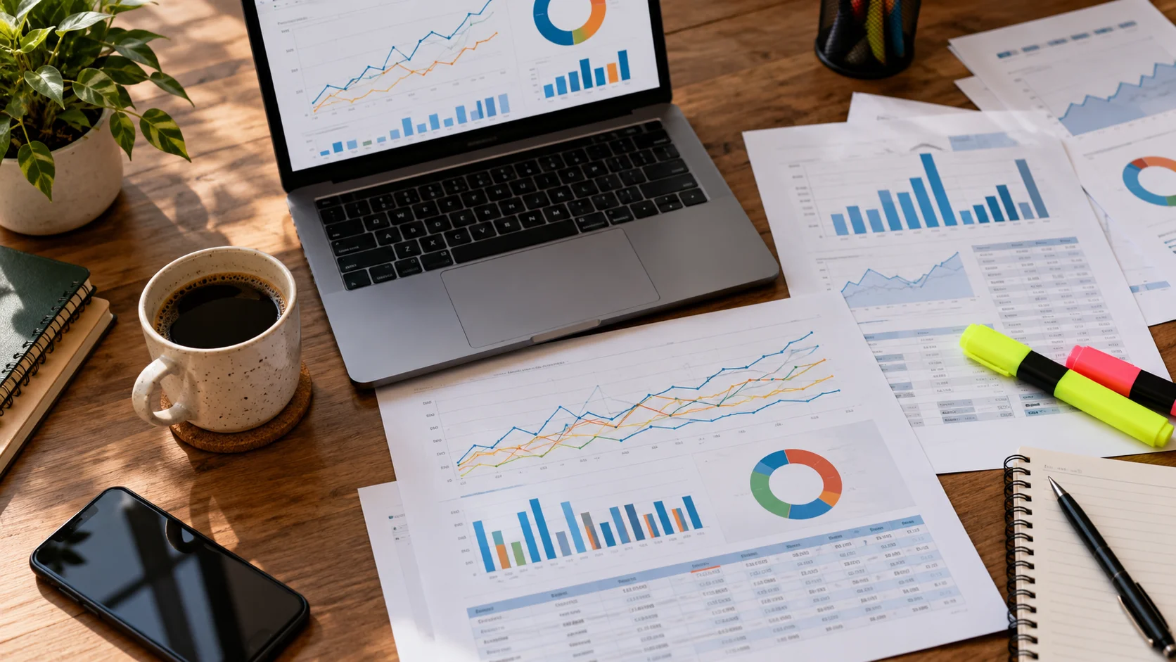 SEO analyse af søgedata med grafer og tabeller på skrivebord